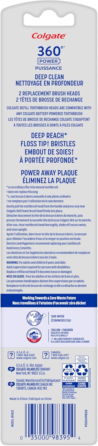 Colgate 360 Floss Tip Sonic Powered Battery Toothbrush Refill Pack - 2ct