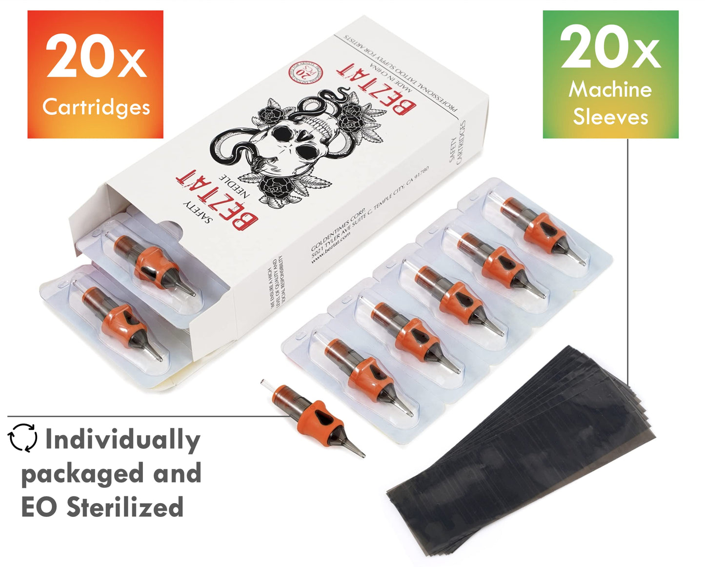 BEZTAT Ultra Premium Professional Tattoo Needles Cartridge w/Grip & Machine Covers Sleeves #12 Curved Magnum 20 Pack (1215CM)