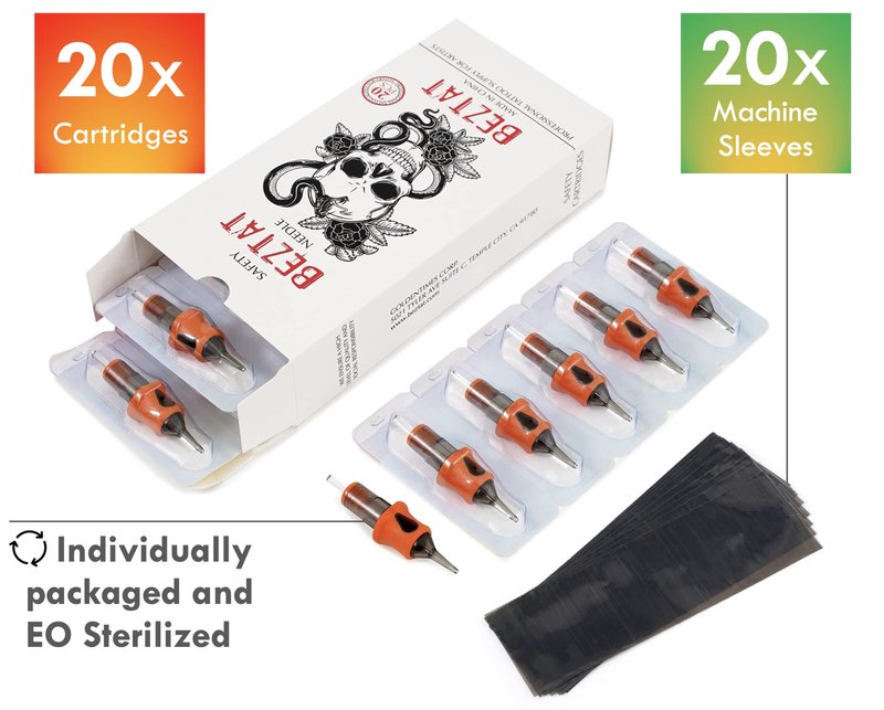 BEZTAT Ultra Premium Professional Tattoo Needles Cartridge w/Grip & Machine Covers Sleeves #10 Bugpin Curved Magnum 20 Pack (1023CM)