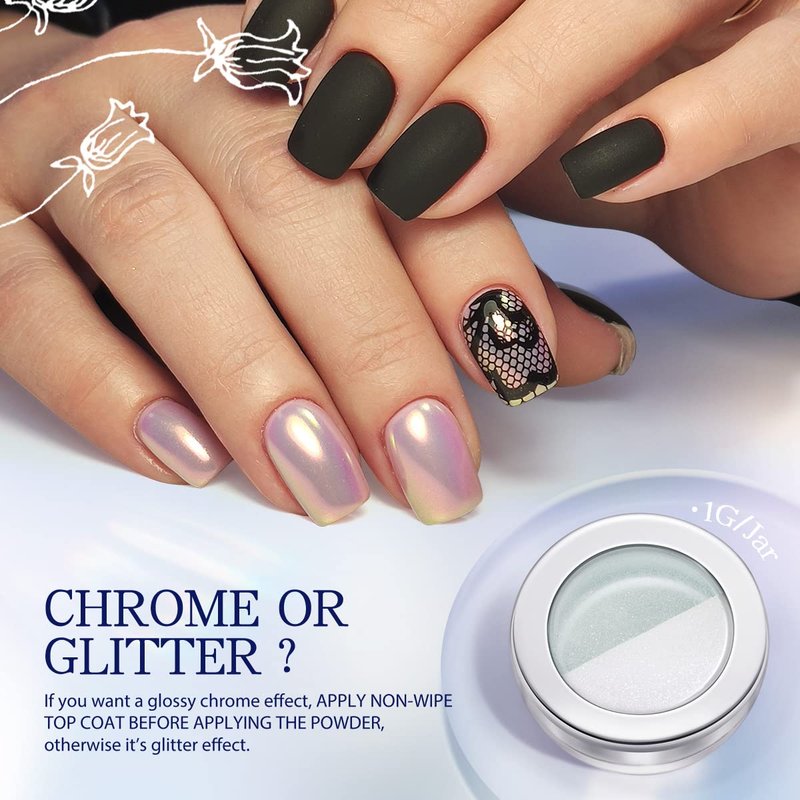 Pretty Diva Aurora Chrome Nail Powder - Mermaid Unicorn Chrome Powder for Nails, Aurora Iridescent Nails Chrome Powder Glitter Manicure Pigment