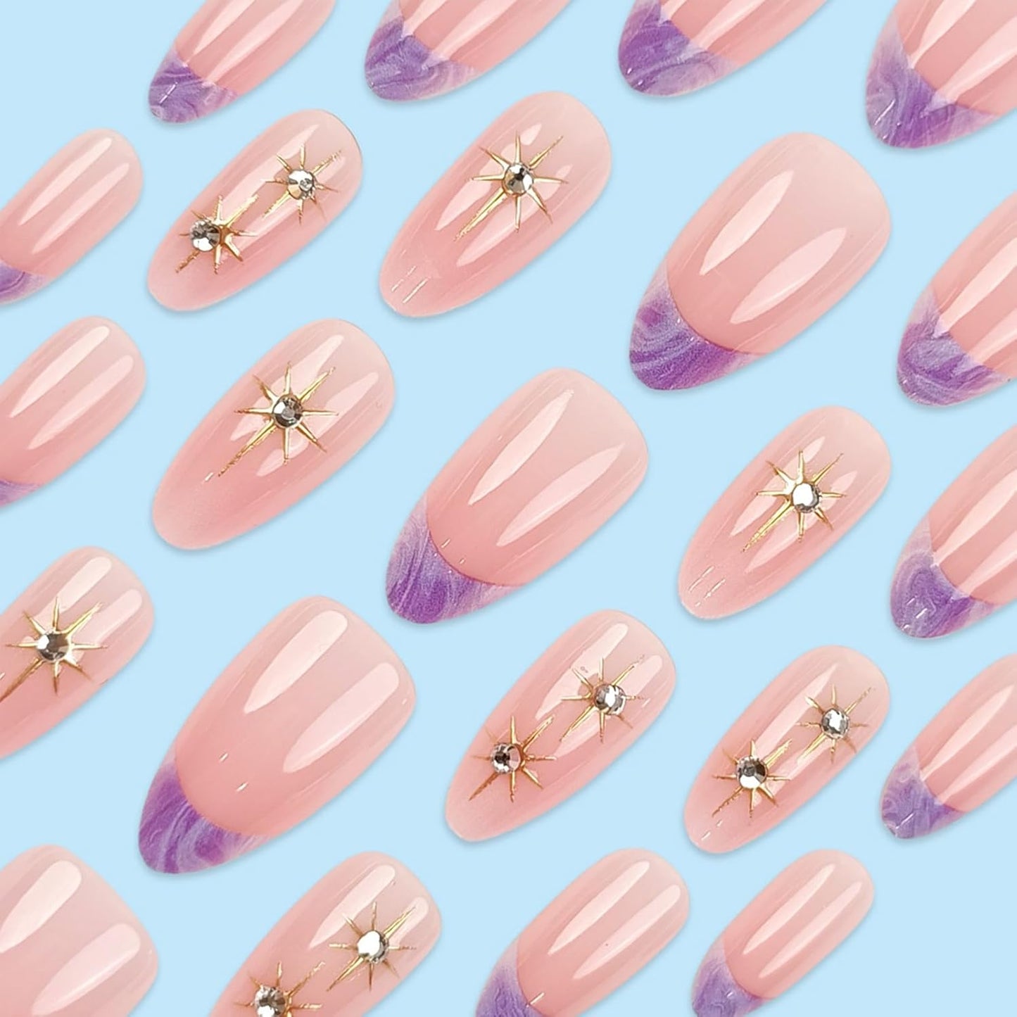 French Tip Almond Press-On Nails with Gold Bow | Reusable Glossy Acrylic False Nails for Women