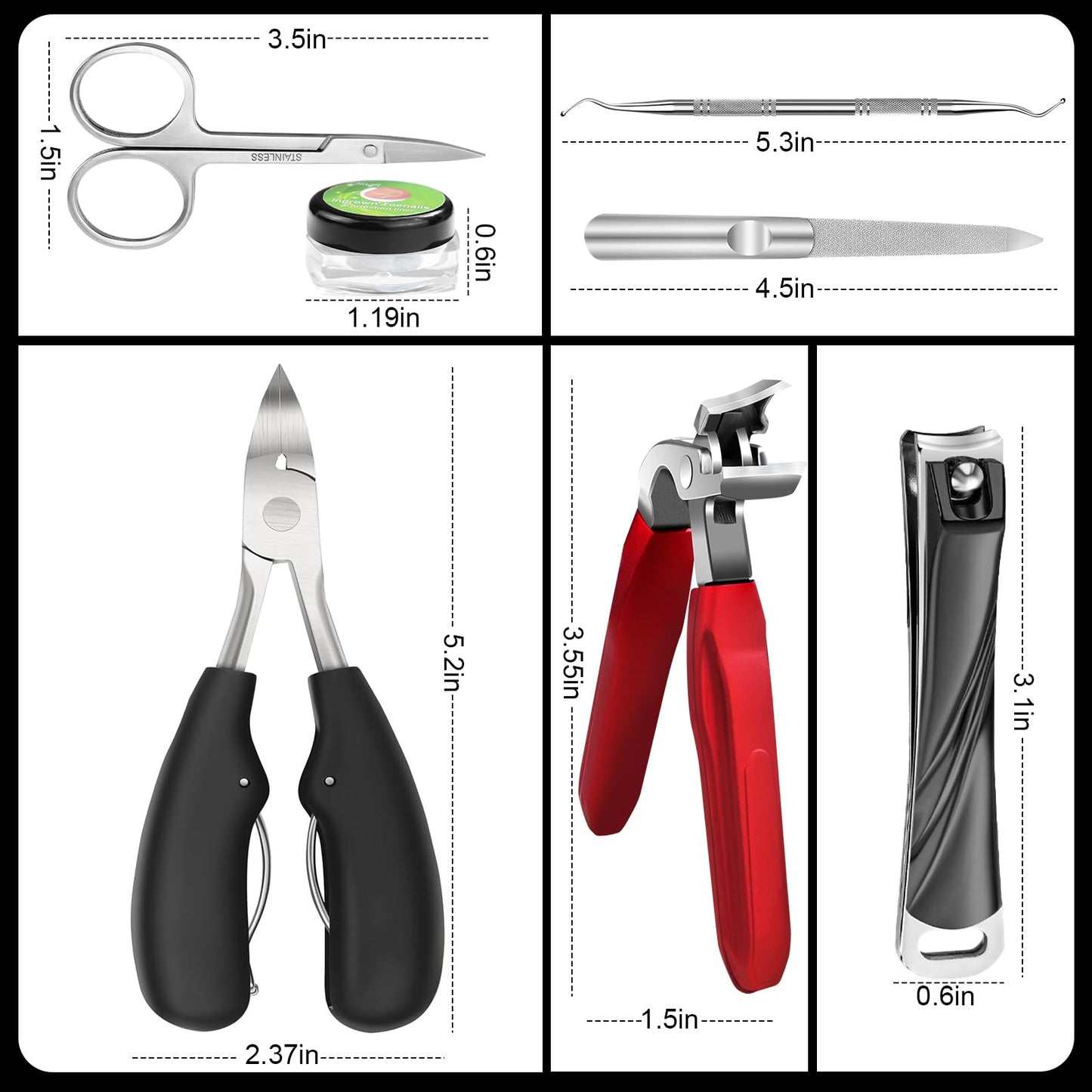 DUAIU 7Pcs Toenail Clippers for Thick Nails, Angled Head Large Nail Clippers for Senior, Heavy Duty Ingrown Toenail Clipper Sets with Wide Jaw, Sharp Nail Clipper Kits for Men and Women, Long Handle