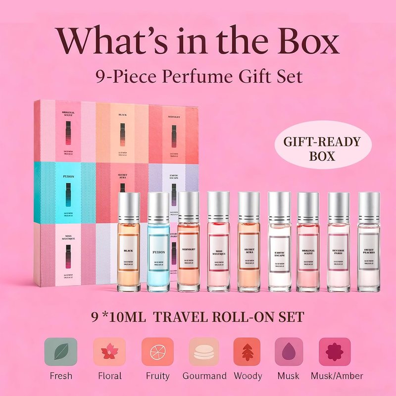 Pheromone Perfume Sets for Women - 9PC Long-Lasting Roll-On Gift Set | Citrus, Amber, Musk, Vanilla Scents, Travel Size