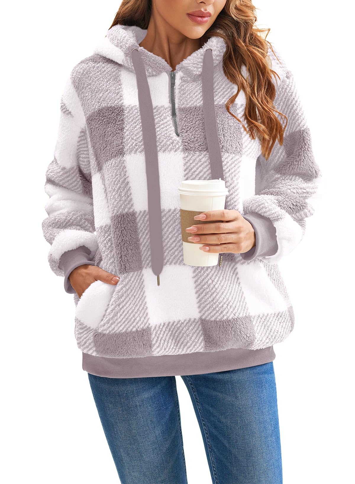 Nirovien Womens Oversized Sherpa Pullover Fleece Hoodies Women Gifts for Christmas Fuzzy Sweatshirt Fluffy Coat(Light Grey Plaid,2XL)
