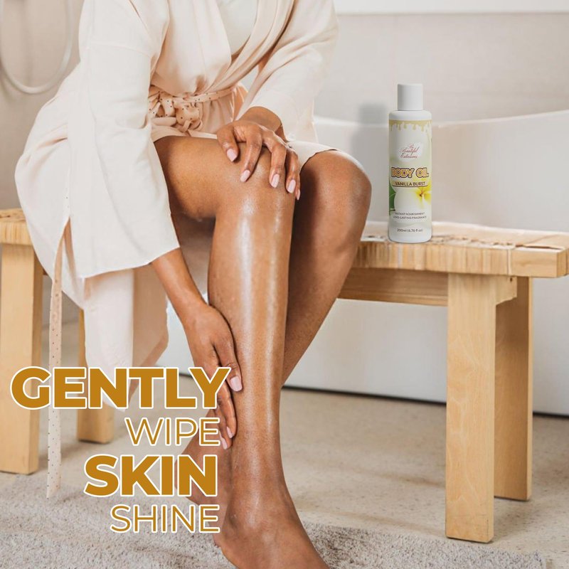 Body oil designed for Deep Hydration to nourish, protect, and rejuvenate the skin while leaving it with a soft, radiant glow and a vanilla scent long -lasting fragrance jojoba oil and more 6.76oz