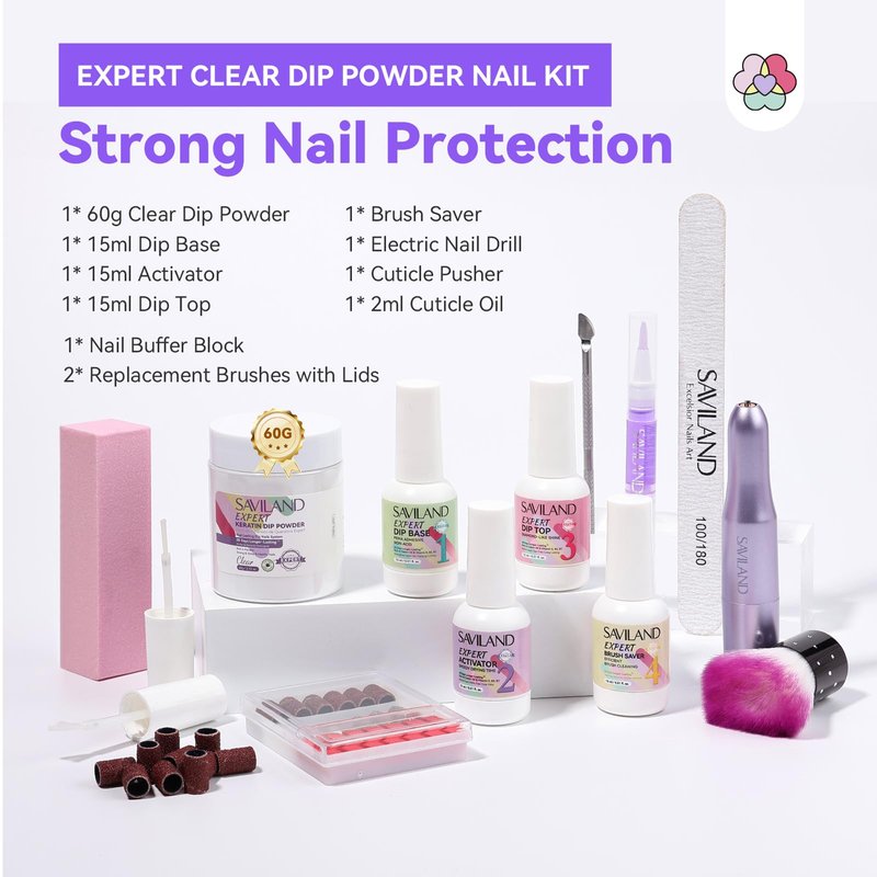 SAVILAND Clear Dip Powder Nail Kit with Electric Nail Drill: 60g/2.1oz Clear Dipping Powder for Nails with Dip Nail Liquid Set Base Activator & Top Coat Brush Saver Builder Repair Kit Home Manicure