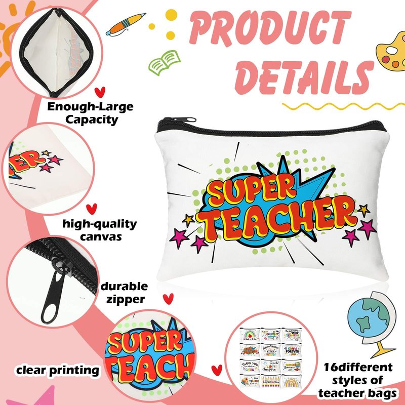 Sadnyy 36 Pieces Teacher Appreciation Gifts Set 12 Makeup Bag 12 Silicone Keychain 12 Blessing Card Bracelet Teacher's Day Gift Teacher Makeup Pouch Pencil Bag Inspirational Quote Key Chain, 12 Styles