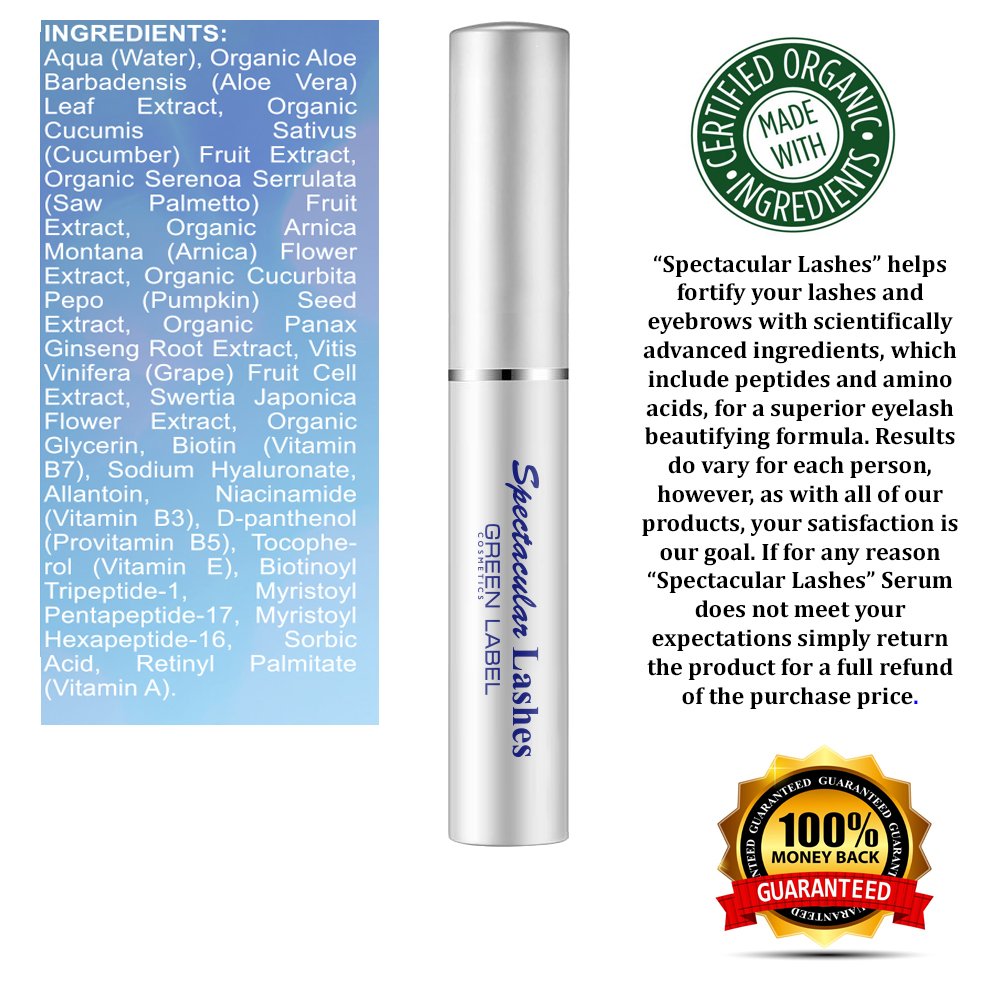 Eyelashes & Eyebrows Growth Products. Eyelash Growth Serum & Eyebrow Enhancer: “Spectacular Lashes”. Green Label Cosmetics