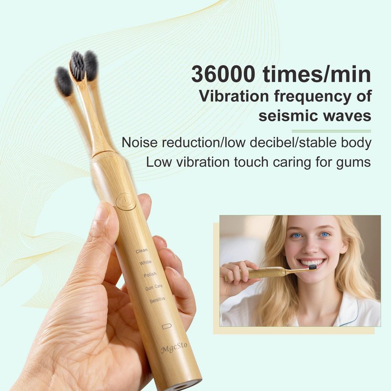 MgcSto Sonic Bamboo Electric Toothbrush for Adults - Rechargeable Electric Toothbrush -4 Pack Bamboo Repalcement Brush Heads| 5 Cleaning Modes Long-Lasting Battery