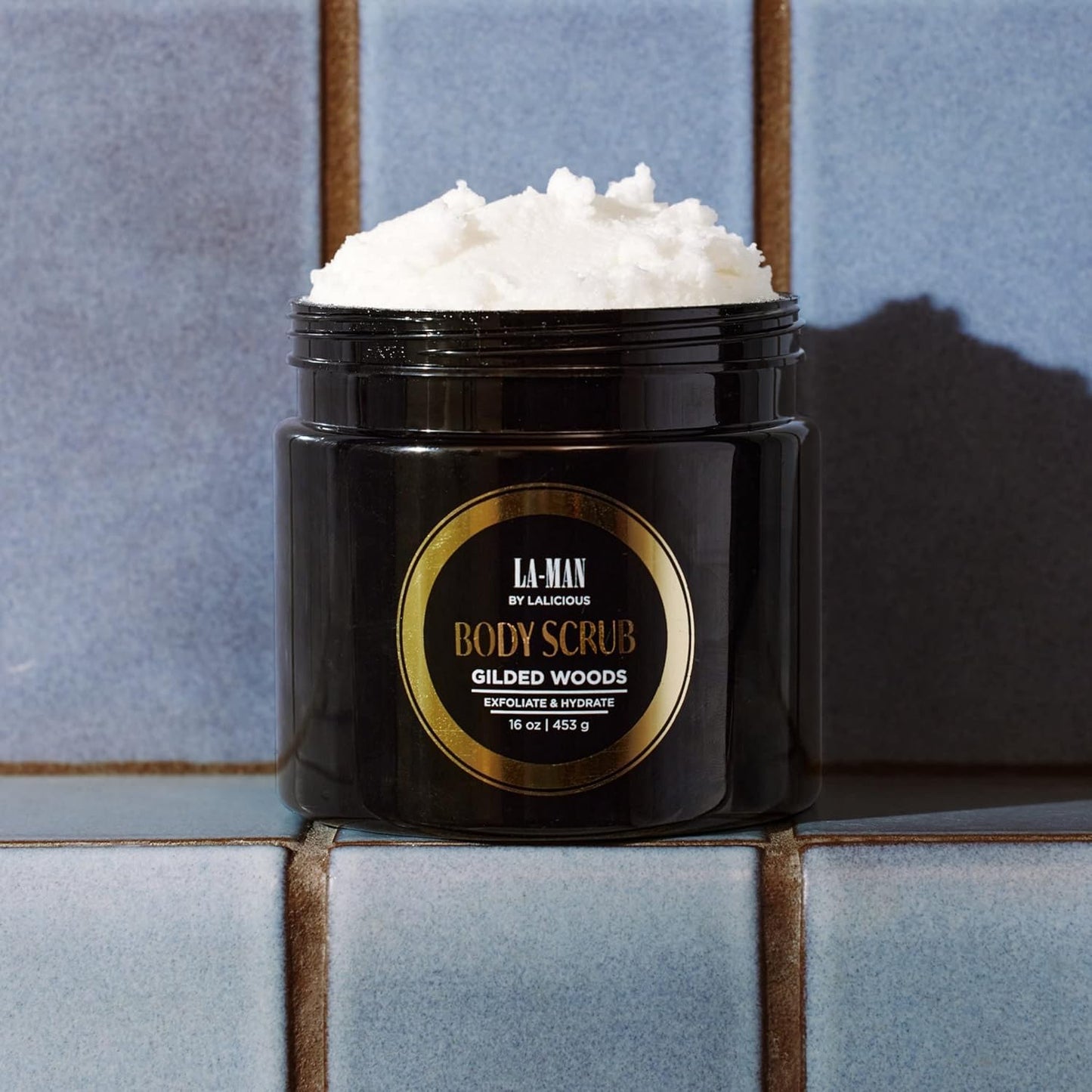 LALICIOUS Gilded Woods LA-MAN Body Scrub | Exfoliating Sugar Scrub for Men | Body Exfoliator for Dead Skin & Optimal Hydration | Pure Cane Sugar + Coconut Oil | Large 16oz