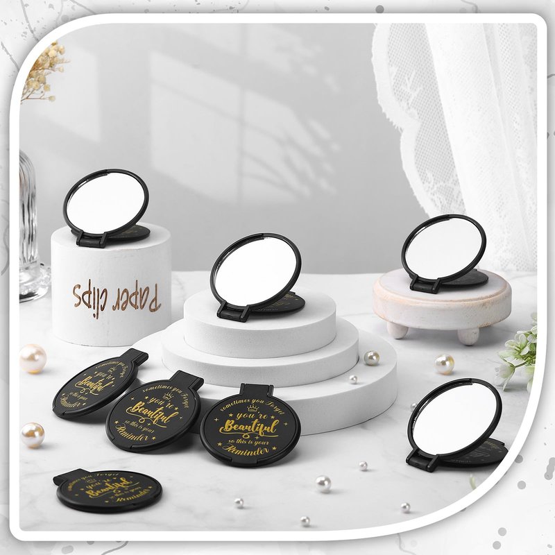 Gulfmew 100 Pcs 2.76 Inch Inspirational Compact Mirror Bulk Women Small Gifts Graduation Mothers Day Party Favors Purse Mirror Pocket Mini Items for Adult Coworker Cheerleader Swag Bag (Black)