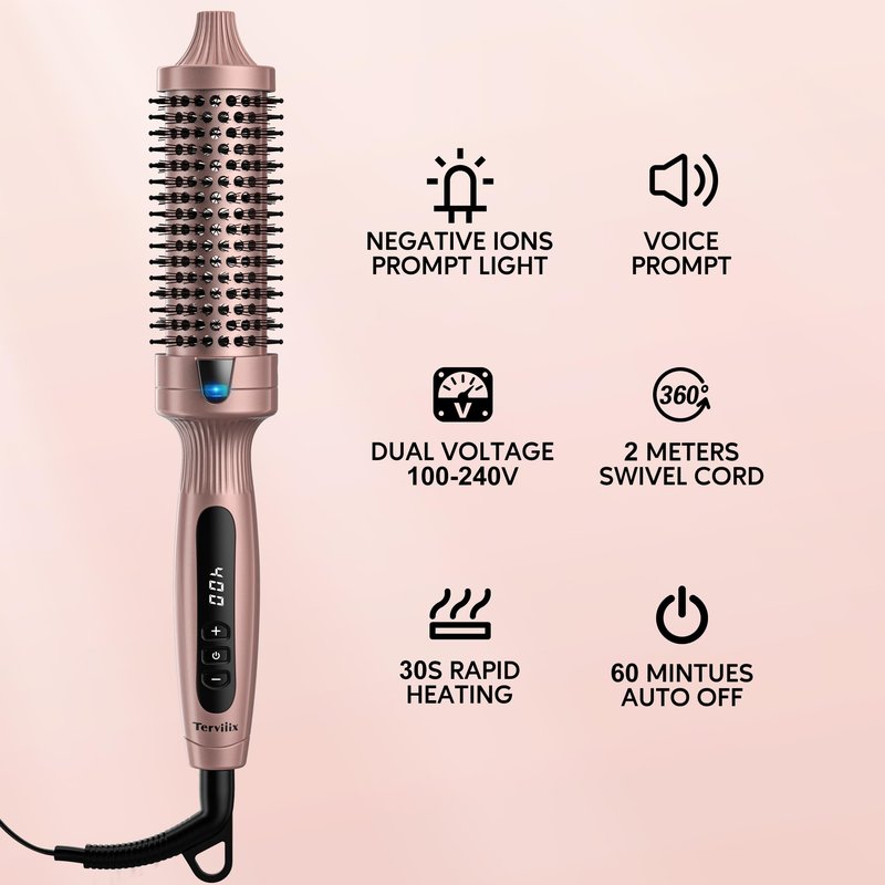 Terviiix Thermal Brush Get Voluminous Style, Quick Heating Hot Brush, Ceramic Tourmaline Ionic Heated Curling Iron, Digital Display 9 Temperatures Curling Wand, Dual Voltage, 1.5 Inch