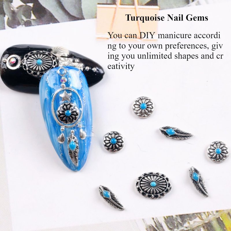 Turquoise Nail Charms - 50 PCS 3D Western Cowboy Nail Art Decorations | Mixed Shapes for Gel & Acrylic Nails (Blue)