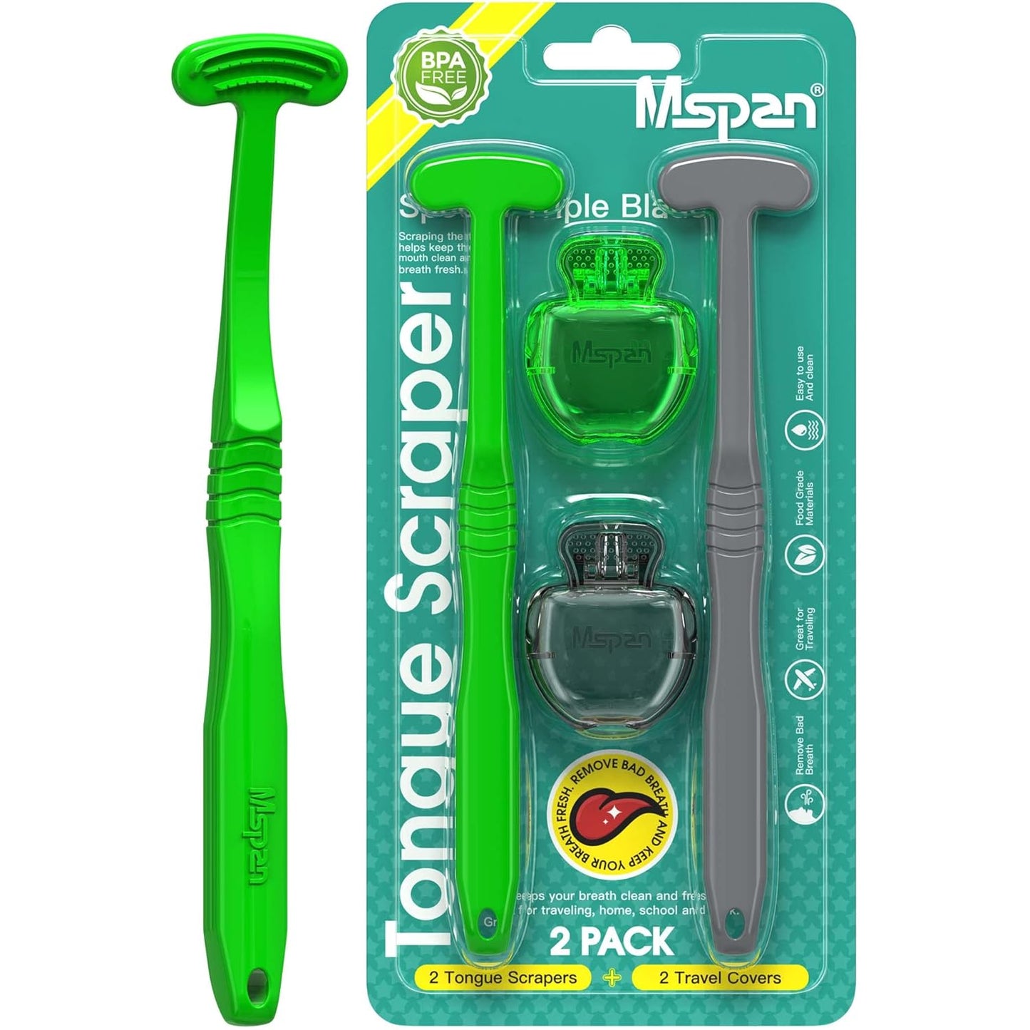 Mspan Tongue Scraper Cleaner Brush: Tongue Care Cleaning Scrubber with Plastic Travel Case Cover for Adults kids - Clean Oral Bad Breath Pink White 2 Pack