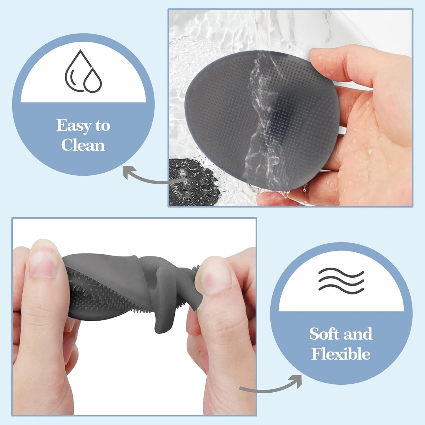 Manmihealth Soft Silicone Shower Brush, Super-Lathering and Deep-Cleaning Body & Face Scrubber, Gentle Exfoliating Bath Glove for All Skin Types, with 2 Free Hooks.(Black + Pink)
