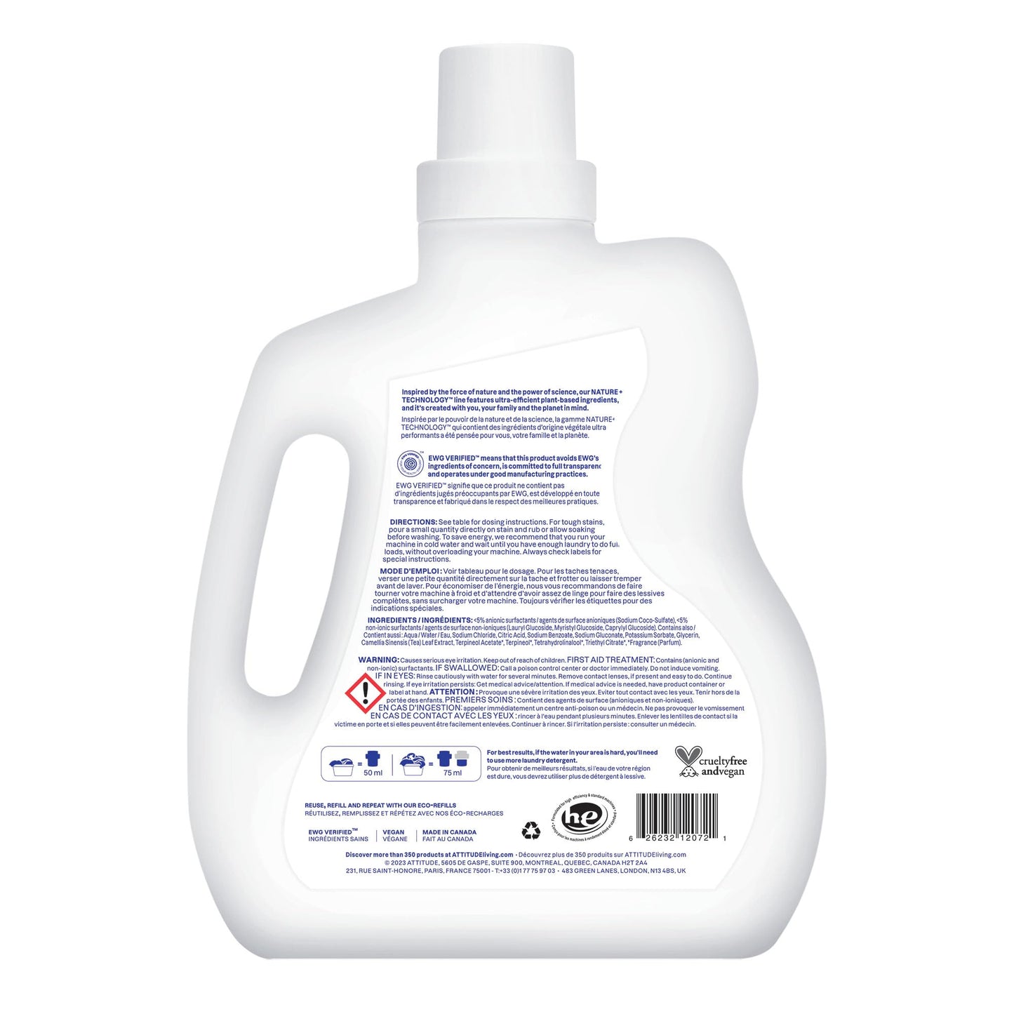 ATTITUDE Liquid Laundry Detergent, EWG Verified, HE Compatible, Plant-Based & Vegan, Natural Laundry Soap, Citrus Zest Scent, 60.8 Fl Oz