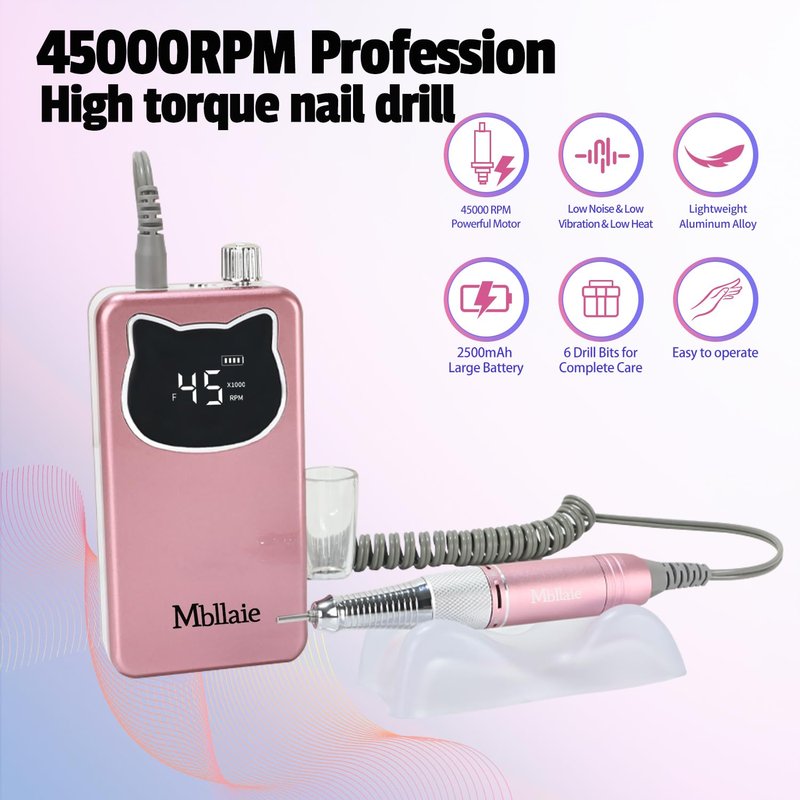 Professional Nail Drill - 45000RPM Electric Portable Efile Kit with 7 Bits | Cordless for Acrylic & Poly Gel Nails (Rose Pink)
