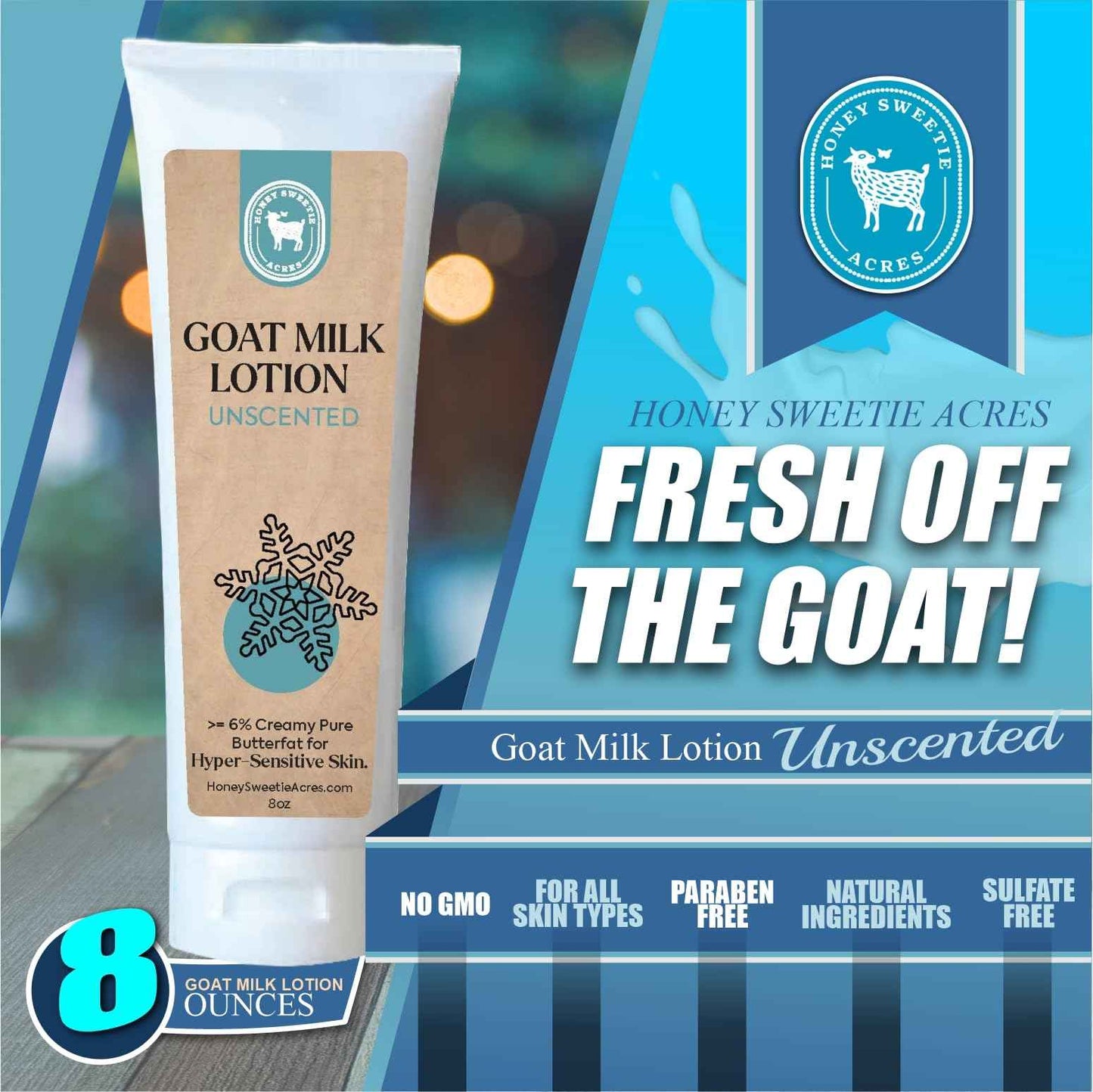 Honey Sweetie Acres Fresh Off The Goat All-Natural Goat Milk 8 oz Unscented Body Lotion is a cruelty-free, handmade lotion that hydrates and moisturizes - Made in the USA
