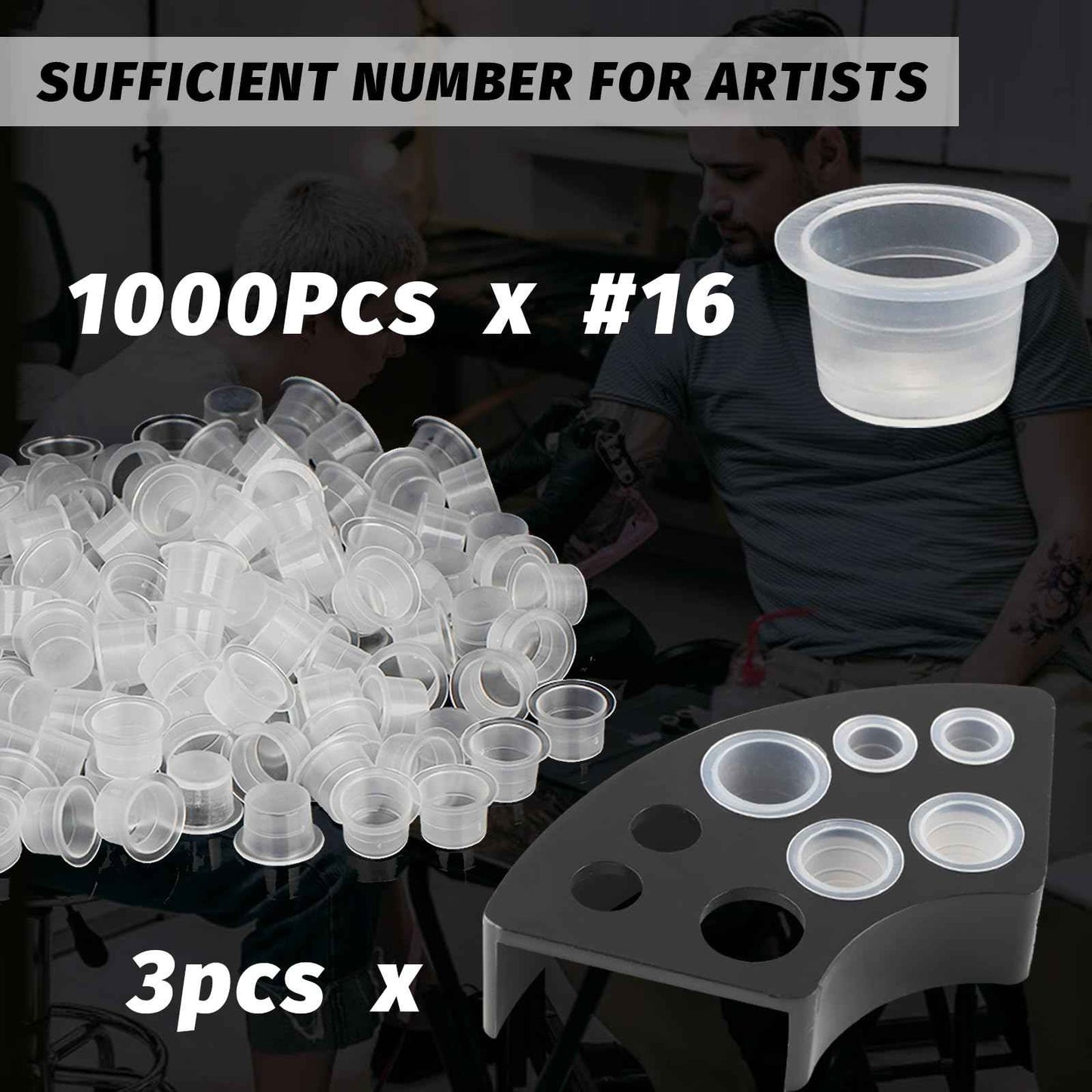 Tattoo Ink Caps with 3Pcs Tattoo Ink Cup Holders - Romlon Ink Caps Kit Include 1000pcs Disposable Large Ink Cups and 3pcs Ink Cap Holders Permanent Makeup Container Cap and Holder for Tattoo Supplies