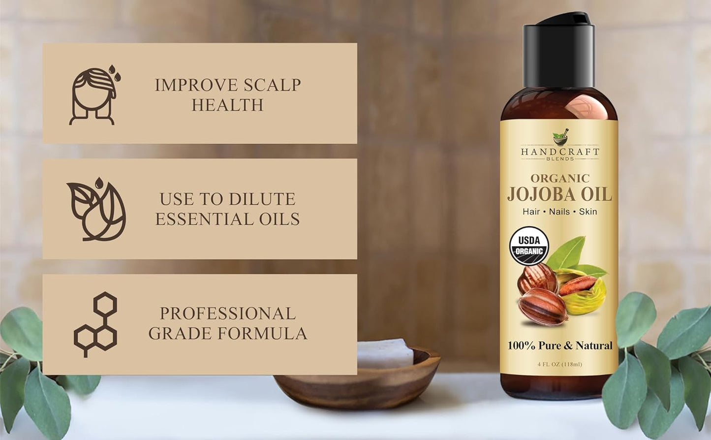 Handcraft Blends USDA Organic Jojoba Oil - Cold-Pressed 4 Fl Oz - 100% Pure and Natural - Premium Grade Carrier Oil for Skin and Hair - Hair and Body - Massage - Hexane-Free