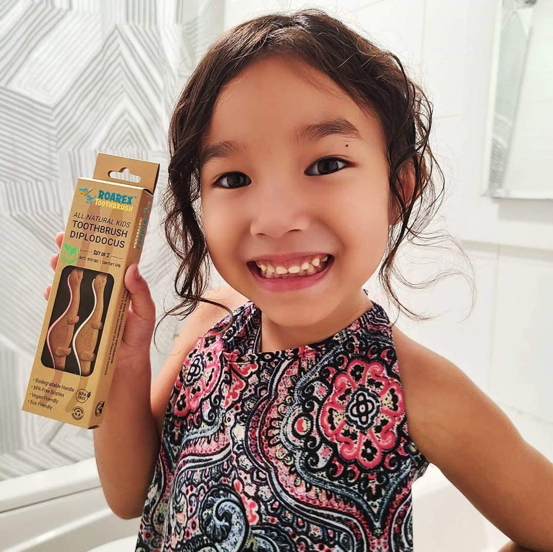 ANPEI ROARex Vegan Kids Toothbrush | Dino Design | Biodegradable & Compostable Natural Plant-Based Toothbrush | Dinosaur Theme | 1% for the Planet