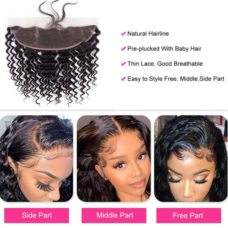Deep Wave 13x4 HD Lace Frontal Human Hair Pre Plucked with Baby Hair Ear to Ear Transparent Lace Closure 100% Virgin Deep Wave Human Hair Frontal 14 Inch
