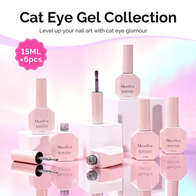 MelodySusie 9D Chameleon Cat Eye Gel Nail Polish Set 6 PCS, 15ml 0.5 Fl Oz Red Rosy Pink Glitter Holographic Magnetic Nail Polish with Magnet, UV Nail Polish for Nail Art Manicure Salon DIY at Home