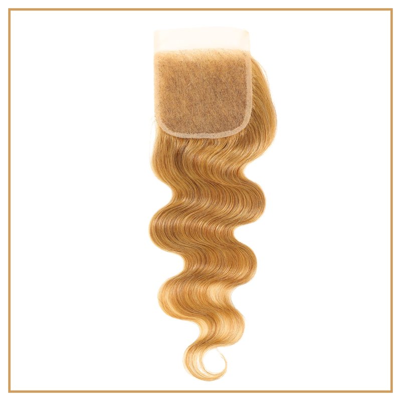 ALHER Honey Blonde 4x4 Closure Human Hair Body Wave, Color #27 Sun-kissed Vibe Golden Blonde Wavy Free Part Melt 4x4 HD Closure, 12A 100% Virgin Remy Real Human Hair Pre Plucked With Baby Hair 10 Inch