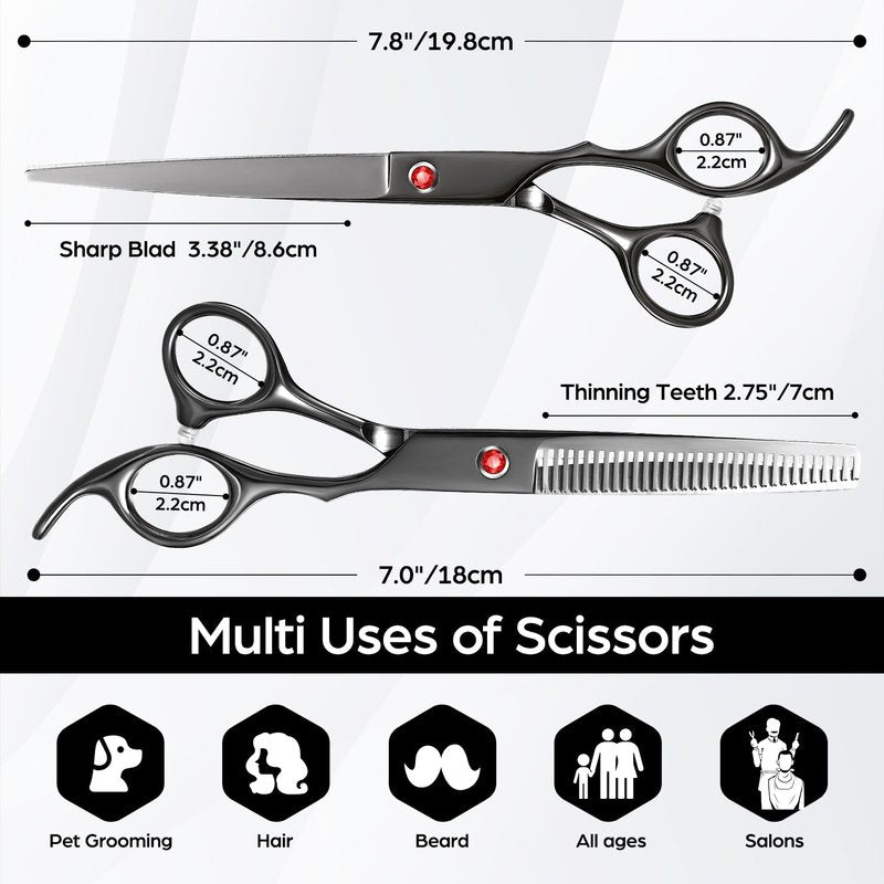 Wenshall Professional Hair Cutting Scissors Multifunctional 7.8 inch Straight / 7.0 inch Thinnin Shears Tools for Mother Father Friends' Christmas Gift, Black