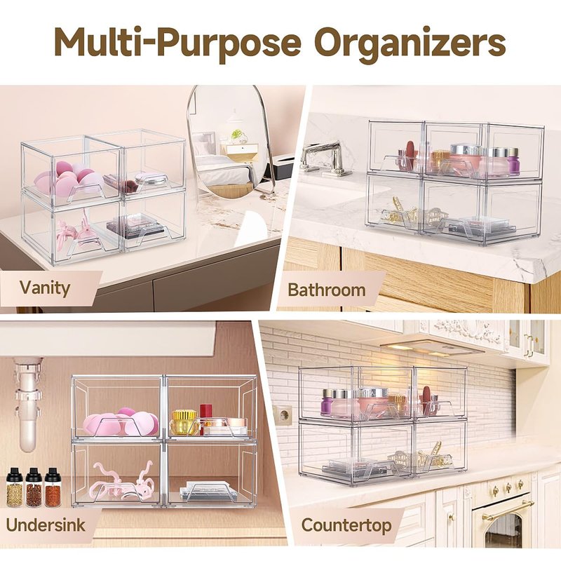 Damomo 4 Pack Stackable Organizer Drawers, 4.4" Tall Clear Bathroom Makeup Organizer and Storage, Acrylic Small Organizers Bins for Vanity, Undersink, Bathroom, Pantry, Kitchen Cabinets