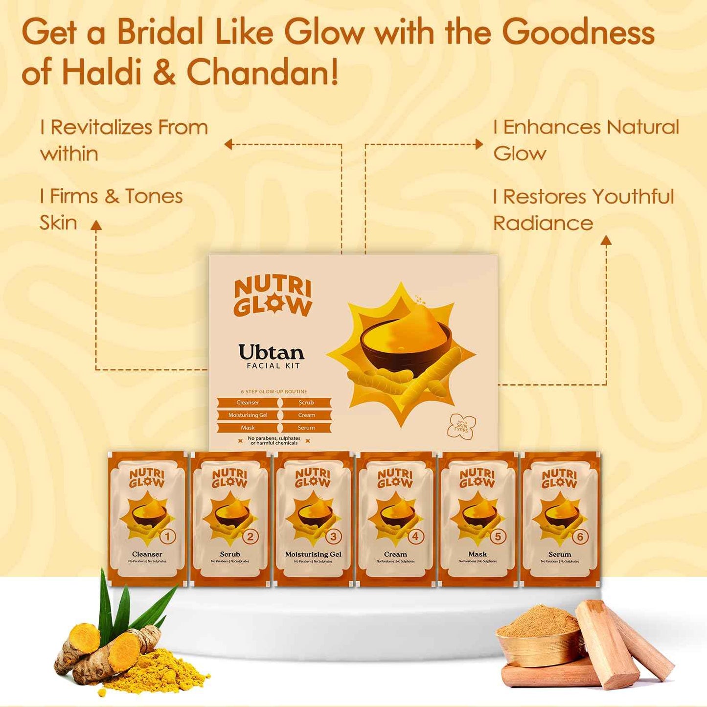 NutriGlow NATURAL'S Ubtan Facial Kit For Glowing Skin, Tan Removal With Haldi & Chandan, 60gm
