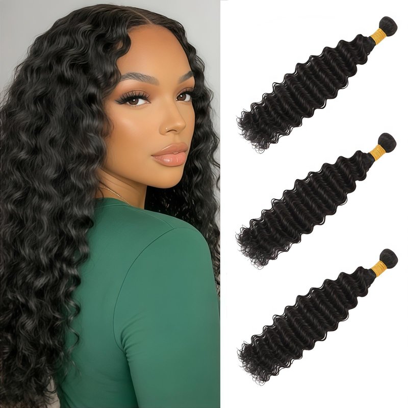 Deep Wave Bundles Human Hair 8 10 12 Inch Wet and Wavy Human Hair Bundles Double Weft 3 Bundle Brazilian Virgin Human Hair Weave for Black Woman Natural Black Color