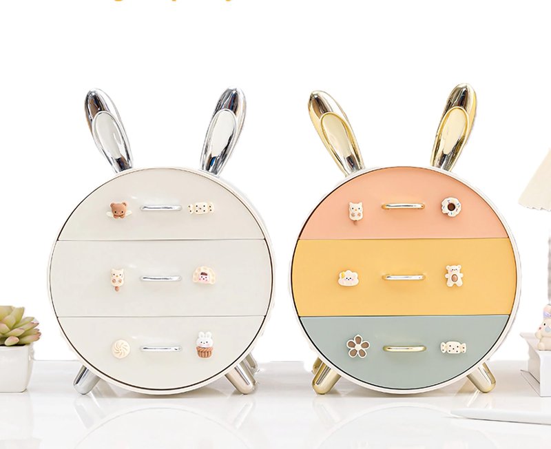 Makeup Organizer and Storage for Perfumes Cosmetics Jewelry,Easter Bunny Box for Countertop, skincare Cabinet Bins 3 draws Stackable Vanity Organizer for Dresser and Bathroom Countertop(Golden Ear)