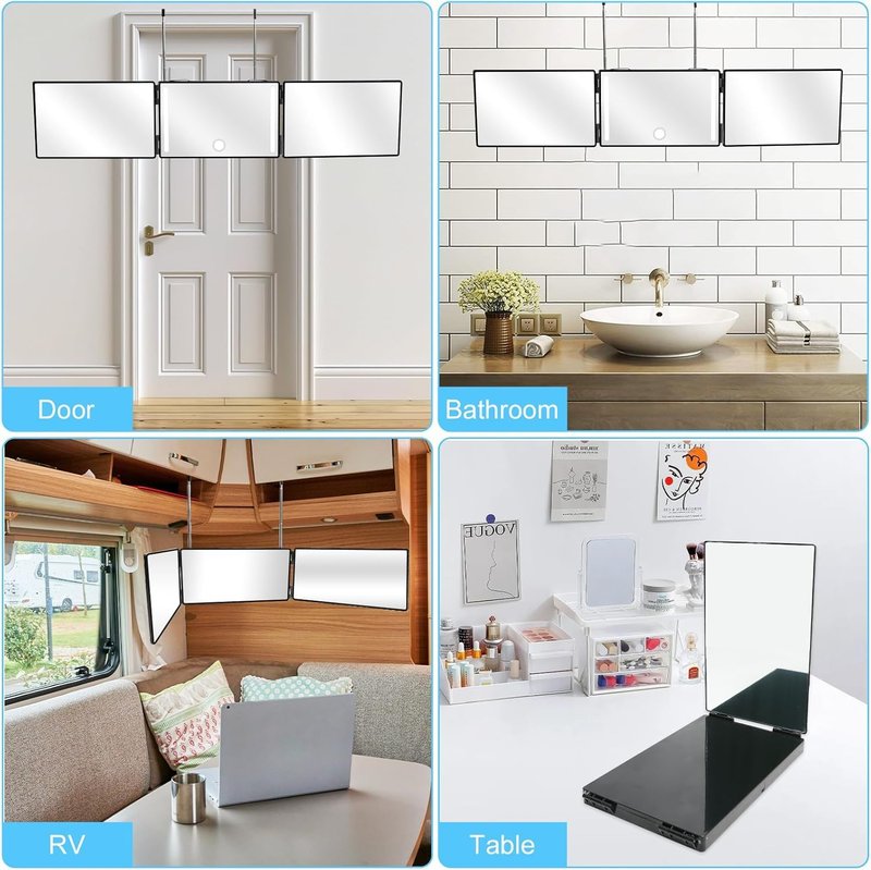 Kirli 3 Way Mirror for Self Hair Cutting – 360° with LED Lighting, Portable Trifold Mirror to See Back of Head, Adjustable Hooks, Ideal for Men & Women Styling (Black - with Led)
