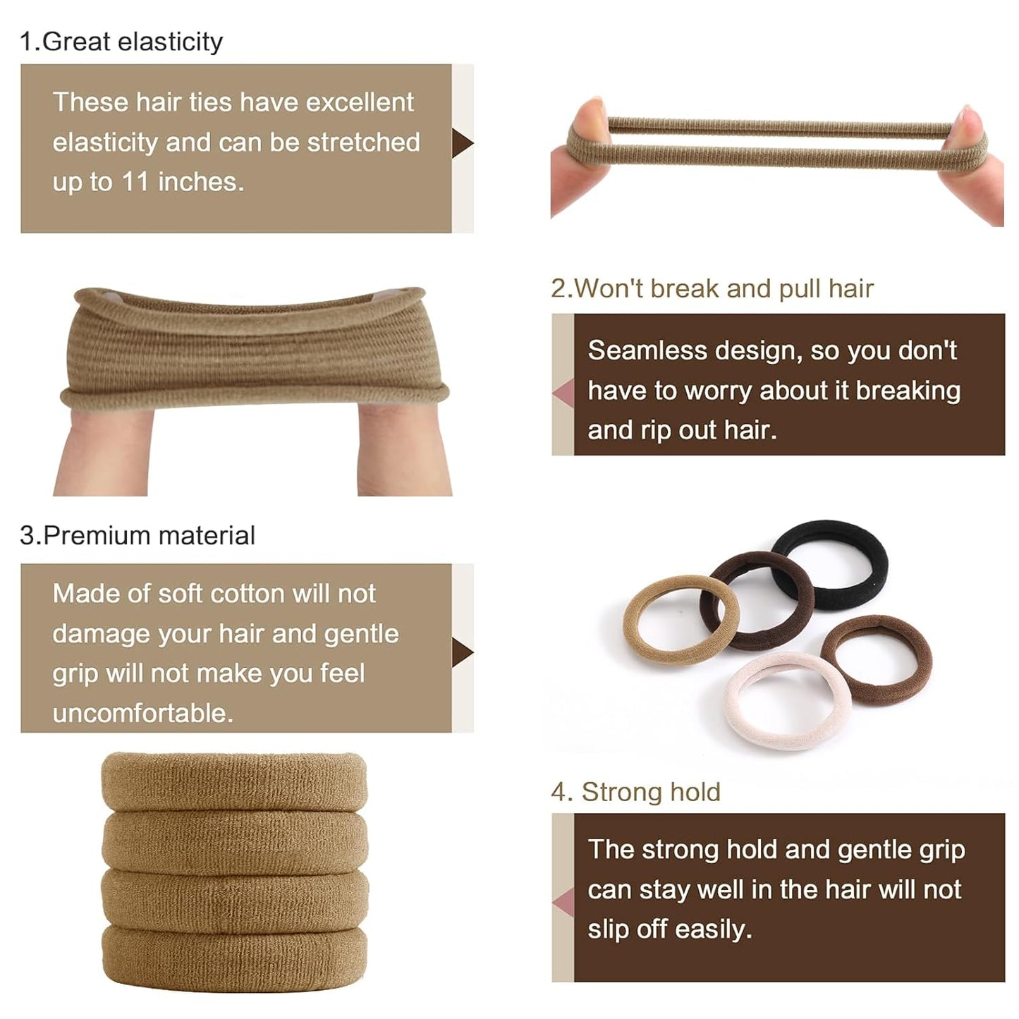 100PCS Black Hair Ties for Women, No Crease No Damage, Seamless Cotton Bands for Thick Thin Hair, Soft Ponytail Holders, Accessories for Girls