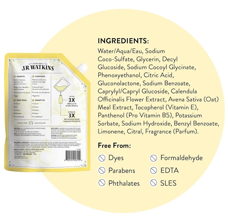 J.R. Watkins Foaming Hand Soap Refill - Moisturizing Plant-Based Cleanser | Lemon, 28 fl oz, 2 Pack