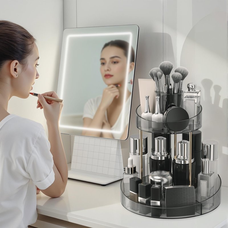 2 tier Makeup Organizer Countertop,360 Rotating Makeup Organizer for Skincare, Lipstick and Perfumes,Multi-function Cosmetic Display Cases for Vanity,Bathroom,Grey