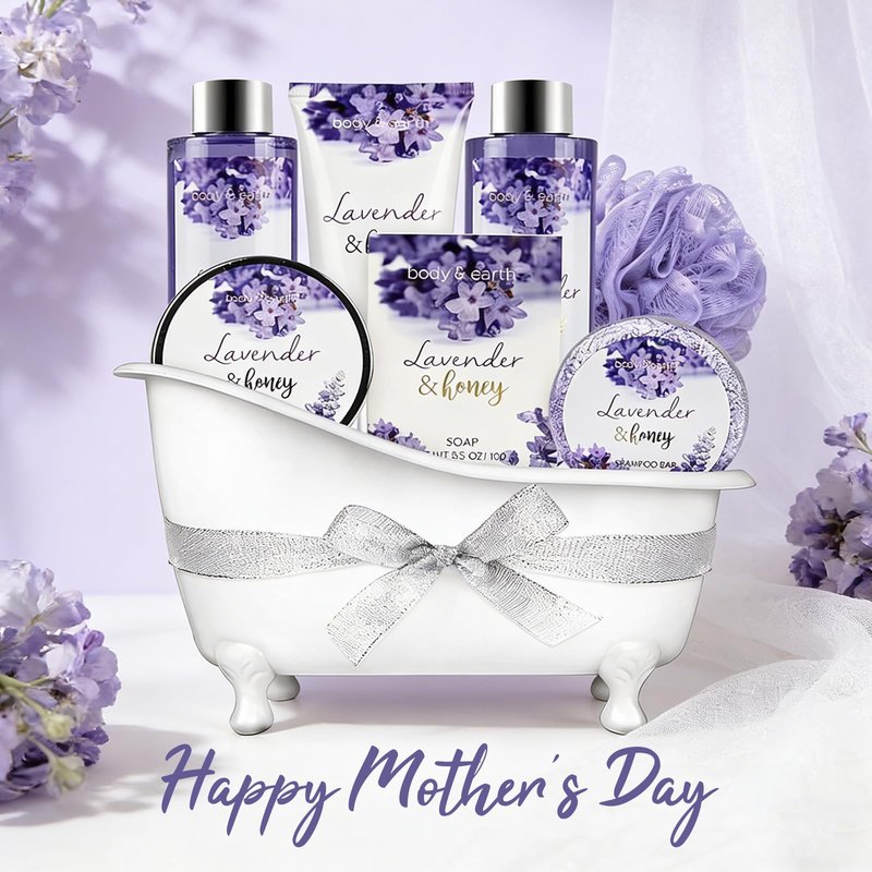 Bath and Body Gift Set - Lavender Gifts for Women, Body & Earth Bath & Shower Sets, 8 Pcs Lavender Honey Gift Sets with Bubble Bath, Lotion Set, Soap, Spa Kit for Women, Christmas Gifts for Mom
