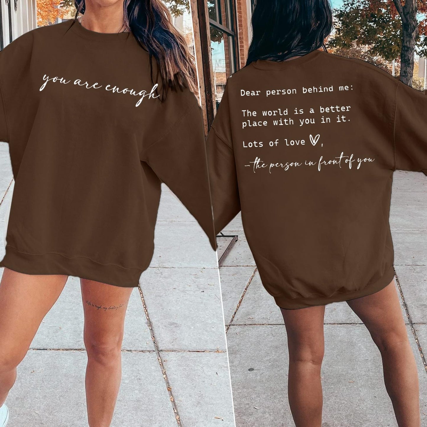 JINTING You Are Enough Sweatshirt for Women Mental Health Dear Person Behind Me Hoodie Shirt Inspirational Pullover Top Brown