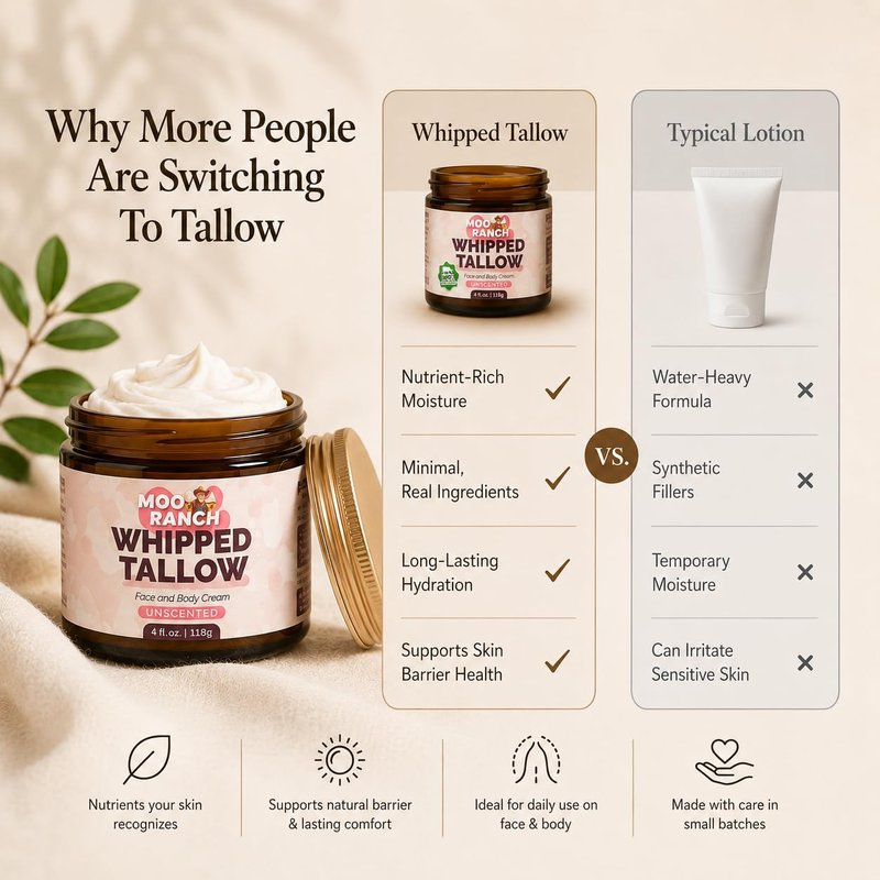 Moo Ranch Whipped Beef Tallow for Skin – Grass-Fed Tallow Balm Moisturizer with Jojoba Oil, Manuka Honey & Calendula – For Face, Lips, Hands & Body – For Dry or Sensitive Skin.