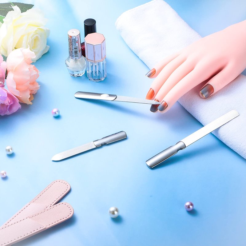 3 Pcs Stainless Steel Nail Files Kit with Leather Case, Double Sided Metal Nail Files with Anti-Slip Handle for Women and Men, Metal File Buffer Manicure Pedicure Tools for Fingernail Toenail(Pink)
