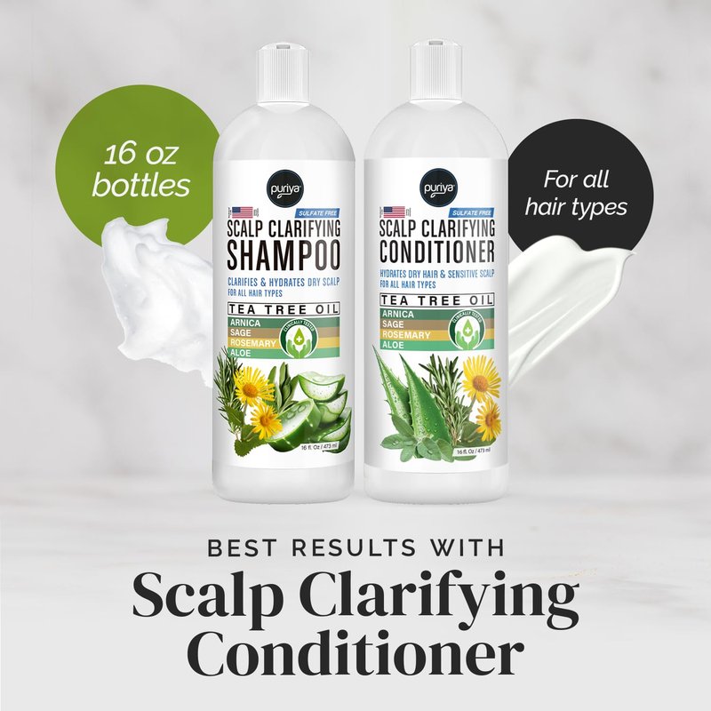 Puriya Tea Tree Clarifying Shampoo. Plant Rich Dry Itchy Scalp Relief, for Kids, Adults, Sulfate Free, No Harsh Chemicals Seen in Dandruff Treatment, Seborrheic Dermatitis, Psoriasis Shampoo, 16 oz