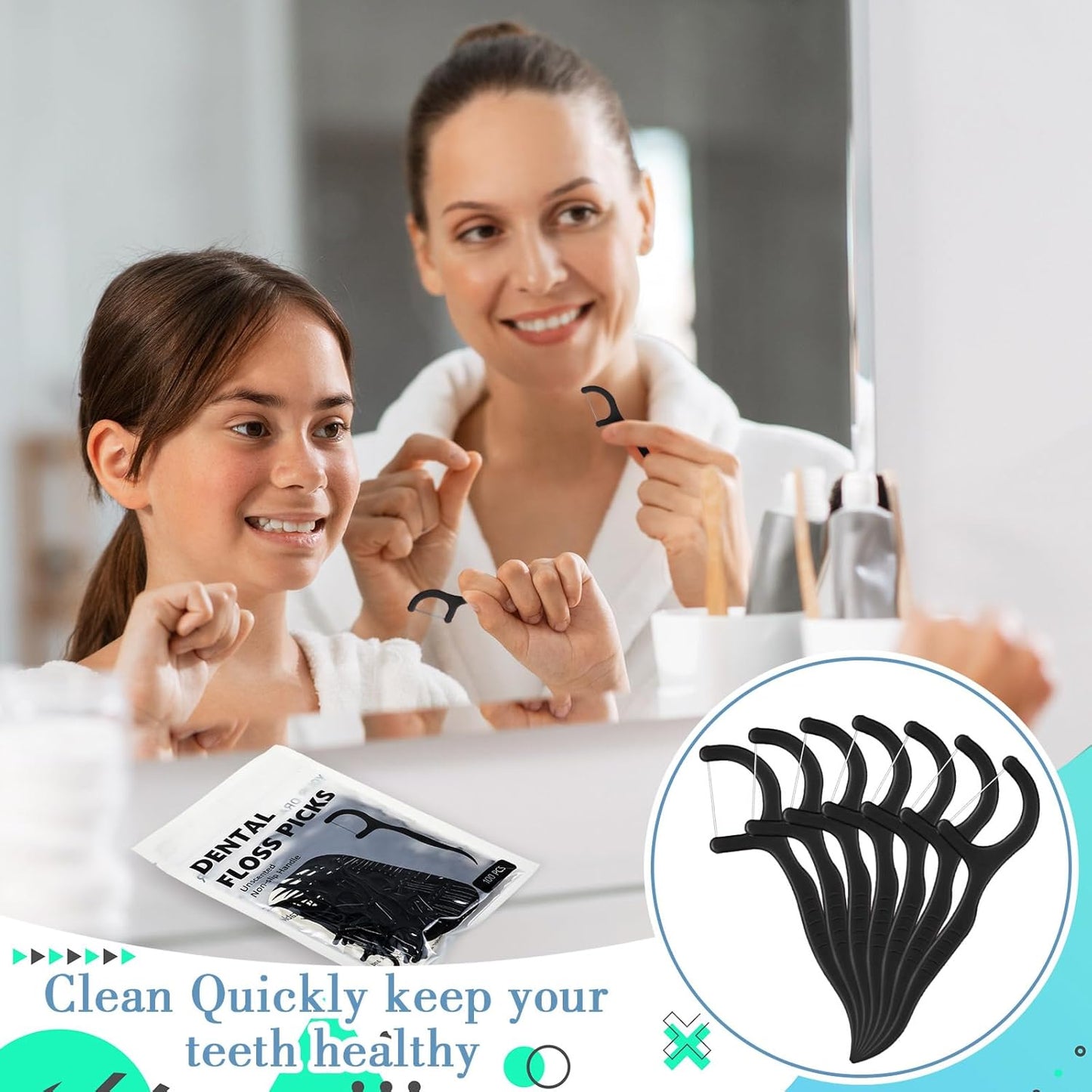 Baderke 200 Count Floss Picks Bulk Non Breakable Tooth Picks Flosser Dental Floss Sticks for Adults Teeth Cleaning Dental Flossers for Family Pack Travel(Light Green)