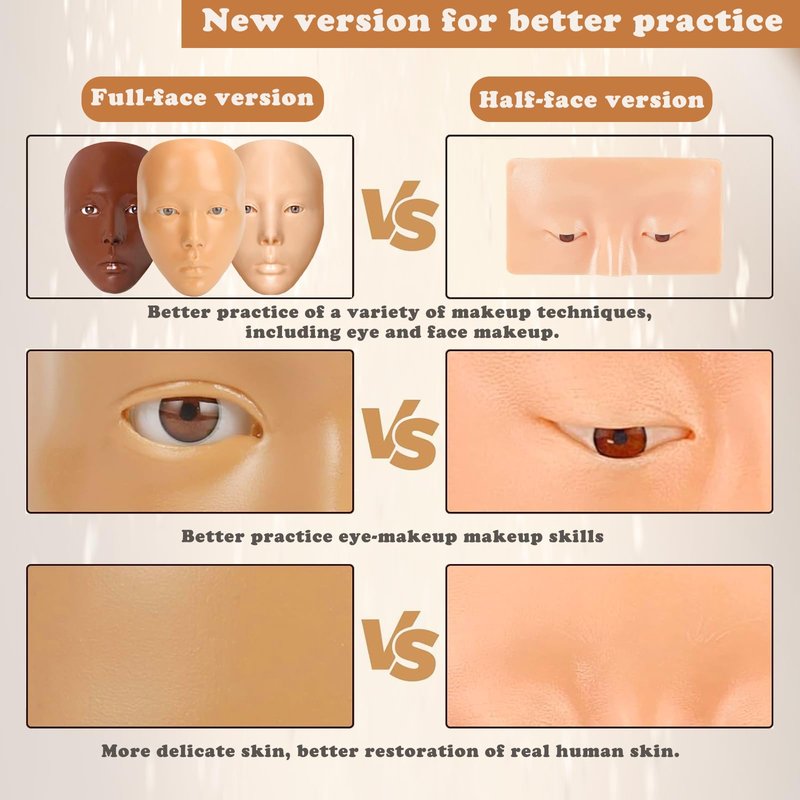 Penugo Makeup Mannequin Face Kit, Silicone Face for Makeup Practice Full Face for Must Haves, Mannequin Eye Face for Makeup Practice with Makeup Brushes Set & Eye Shadow & Eyebrow Pencil(Wheat)