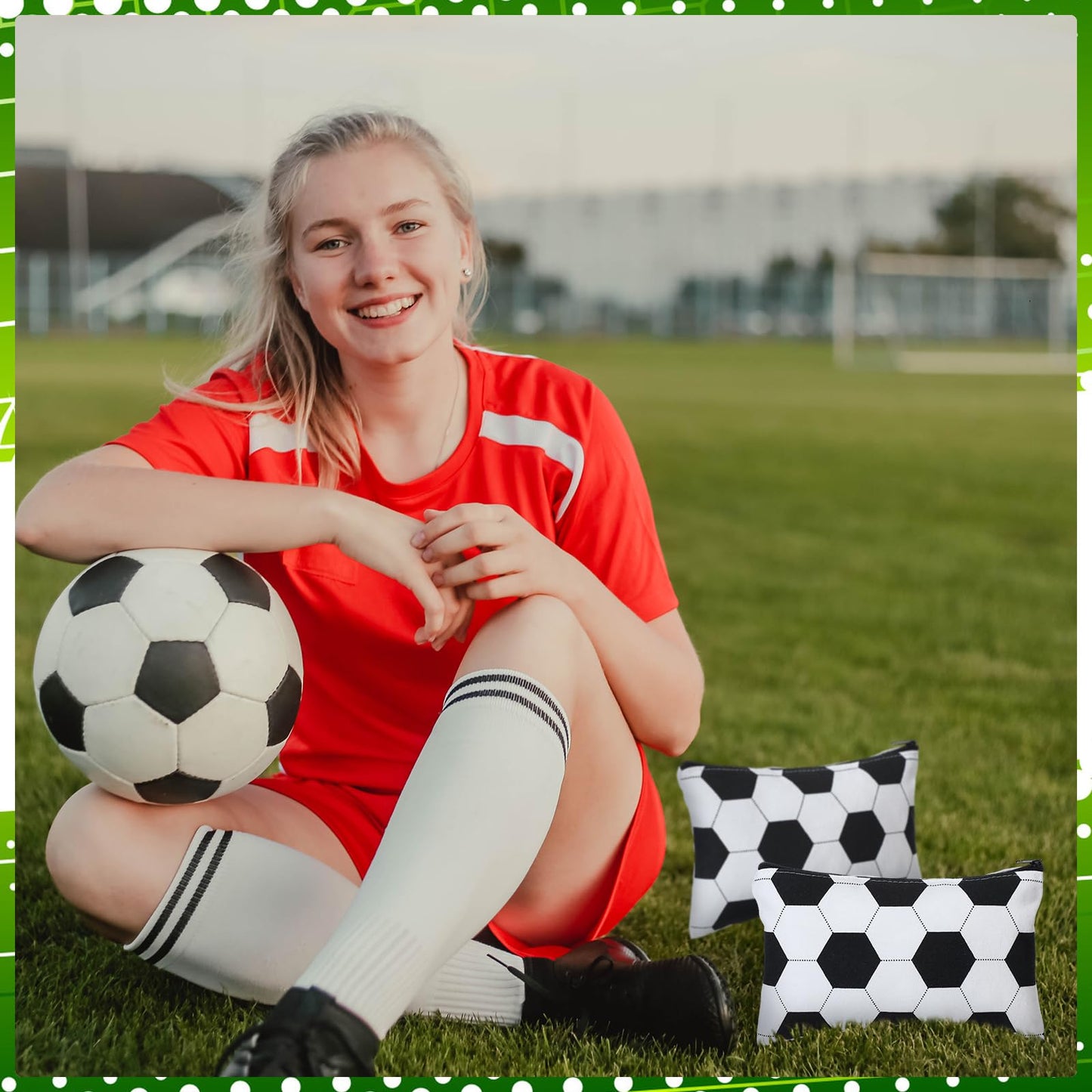 Sweetude 24 Pcs Soccer Sport Makeup Bag Cosmetic Bags Black and White Soccer Gift for Player Party Favor Bags with Zipper Travel Portable Storage Organizer for Women