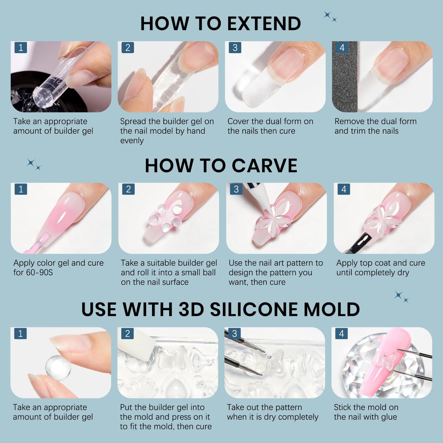 SUPWEE Clear 3d Nail Gel Sculpting Gel, Non Stick Hand Moding Gels for Nails with 3D Silicone Nail Art Molds Solid Builder Sculpture Hard Gels for Extend Home DIY Manicure