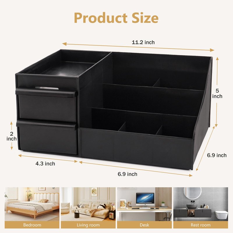 Decorcode Black Vanity Organizer with Drawers – Large Mens Countertop Storage Box for Cologne, Skincare, Makeup, Perfume – Waterproof Dresser Organizer for Bathroom, Bedroom, Desk