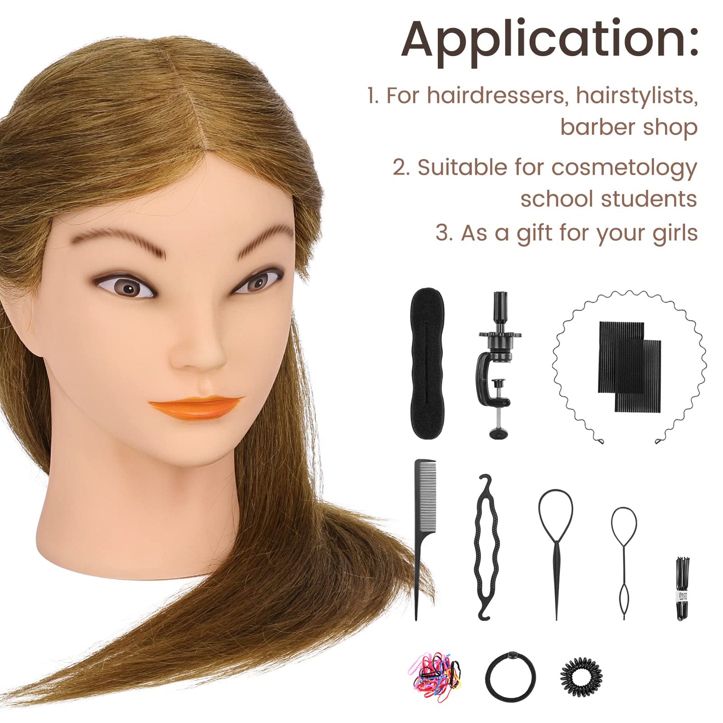 Mannequin Head with 100% Real Hair for Cosmetology, CENOZ 18" Light Brown Hairdresser Training Head with Clamp Holder and Tool, Doll Head Mannequin Head for Hair Styling Practice