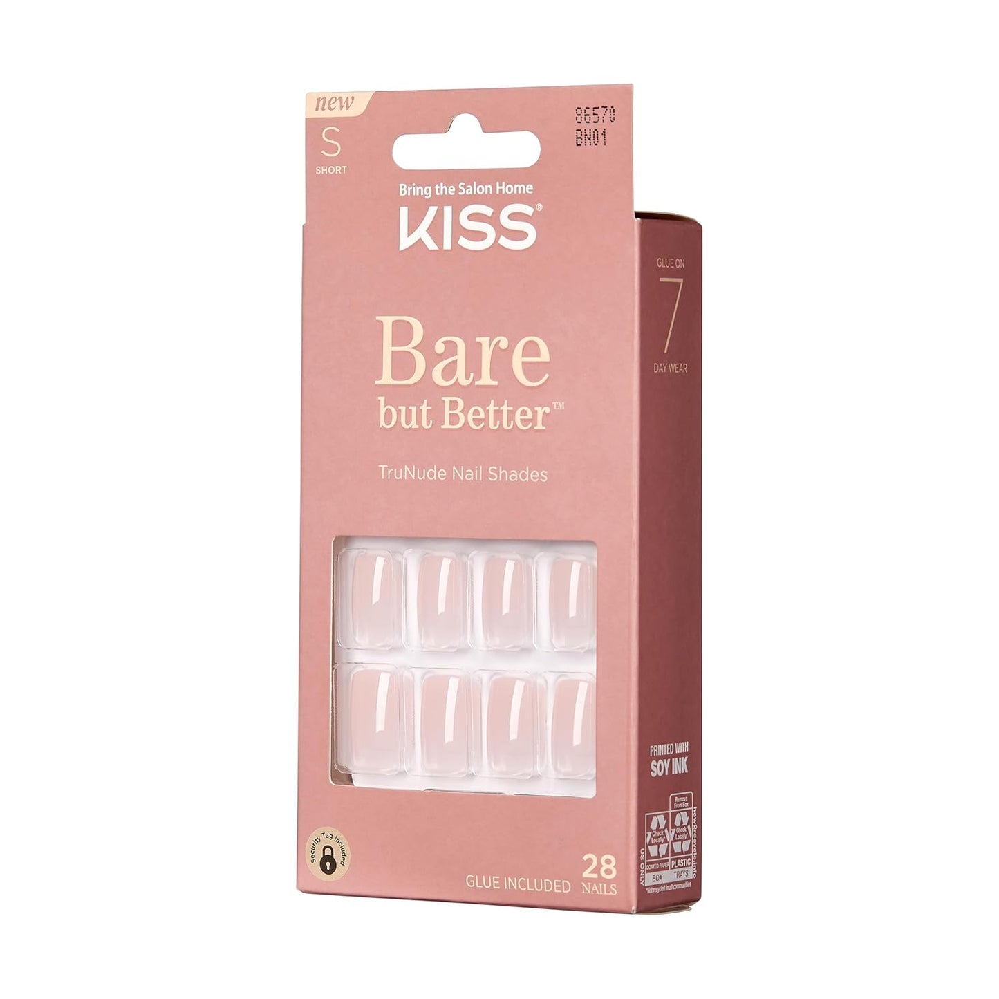 KISS Bare but Better Press On Nails, Glossy Pink, Short Length, Square Shape, 28 Fake Nails, Pink Gel Nail Glue Net Wt. 2g (0.07 Oz.), Mini Nail File, & Manicure Stick