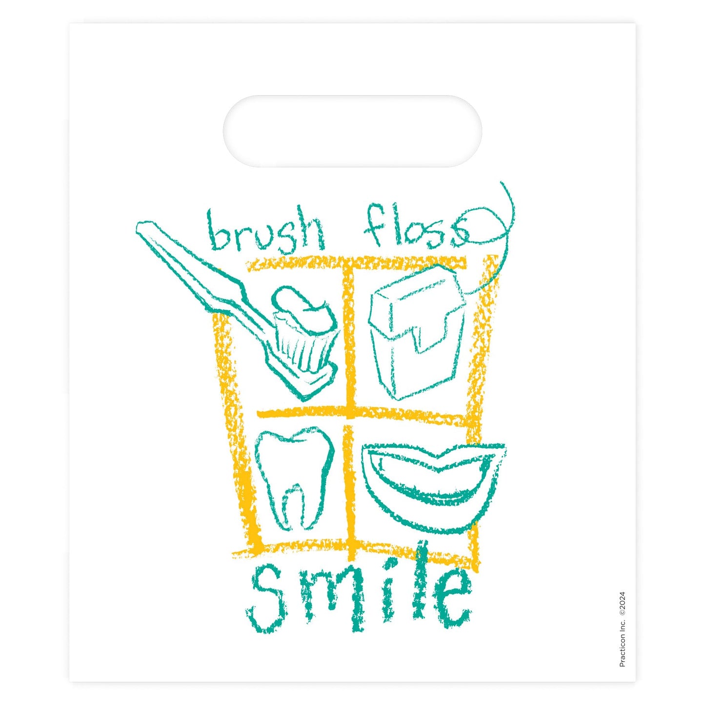 Practicon Brush Floss Smile 7-3/4" x 9" Dental Bag, Dental Hygiene Patient Care Goodie Bag, Dentist Office Plastic Gift Bags, 100 Pack